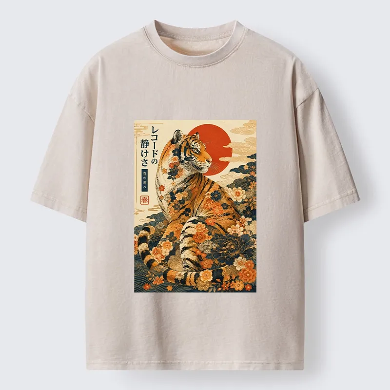 Tokyo-Tiger Vintage Floral Tiger Japanese Spring Art Washed T-Shirt Sale