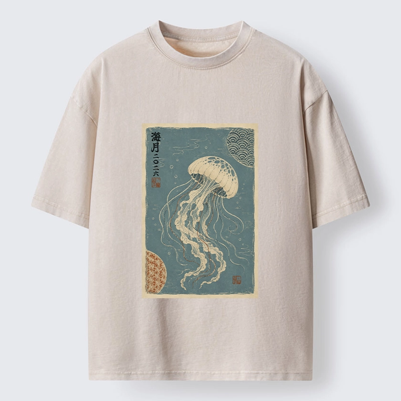 Tokyo-Tiger Vintage Blue Jellyfish Underwater Art Washed T-Shirt