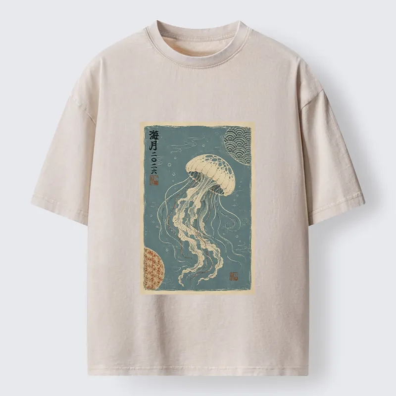 Tokyo-Tiger Vintage Blue Jellyfish Underwater Art Washed T-Shirt Sale