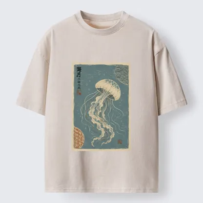 Tokyo-Tiger Vintage Blue Jellyfish Underwater Art Washed T-Shirt