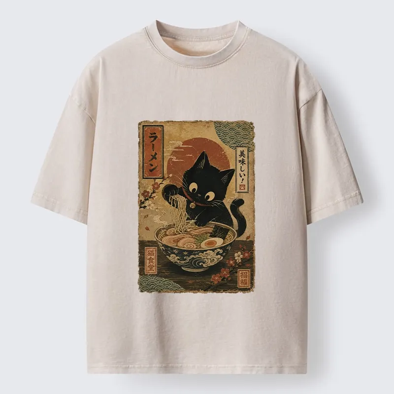 Tokyo-Tiger Japanese Cat Ramen Shop Poster Washed T-Shirt Sale