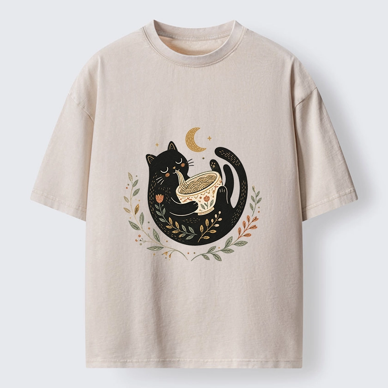 Tokyo-Tiger Soft Cute Black Cat Eat Noodle At Moon Washed T-Shirt