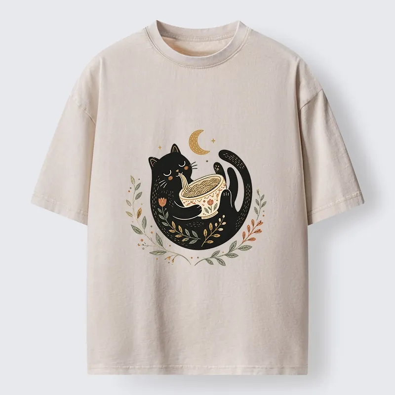 Tokyo-Tiger Soft Cute Black Cat Eat Noodle At Moon Washed T-Shirt Sale