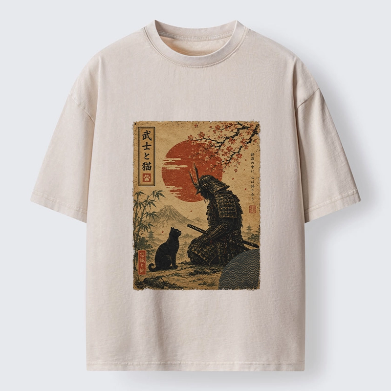 Tokyo-Tiger Samurai And Black Cat Mountain Washed T-Shirt