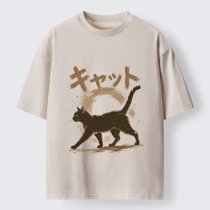 Tokyo-Tiger Retro Brush Stroke Black Cat Walking Washed T-Shirt
