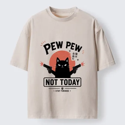 Tokyo-Tiger Not Today Black Cat Dual Pistols Mode Washed T-Shirt