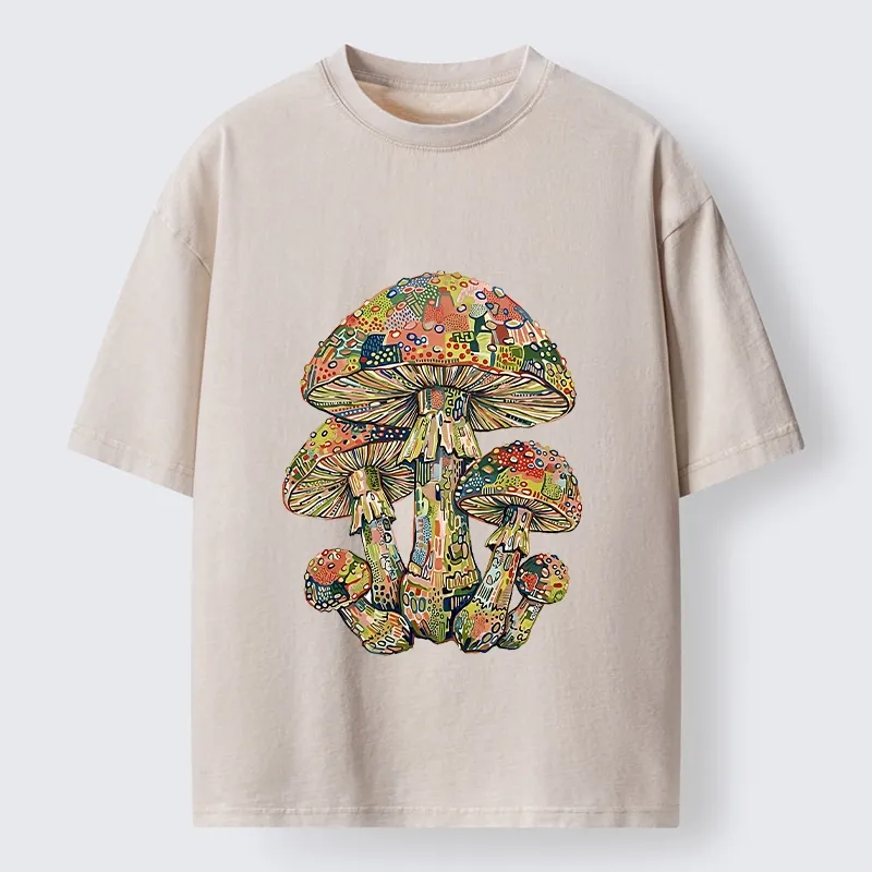 Tokyo-Tiger Tiny Black Cat Under Wild Rainbow Mushrooms Washed T-Shirt