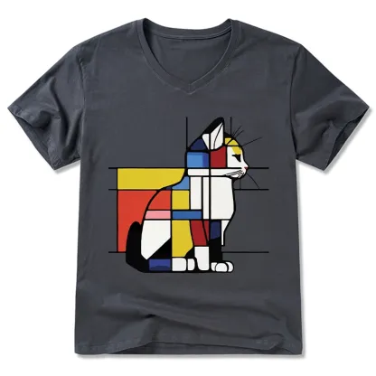 Tokyo-Tiger Geometric Cat Art In Primary Colors V-Neck Classic T-Shirt