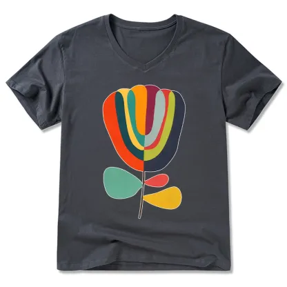 Tokyo-Tiger Colorful Flower Minimalist Print V-Neck Classic T-Shirt