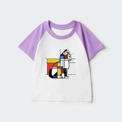Tokyo-Tiger Geometric Cat Art In Primary Colors Kids Raglan T-shirt