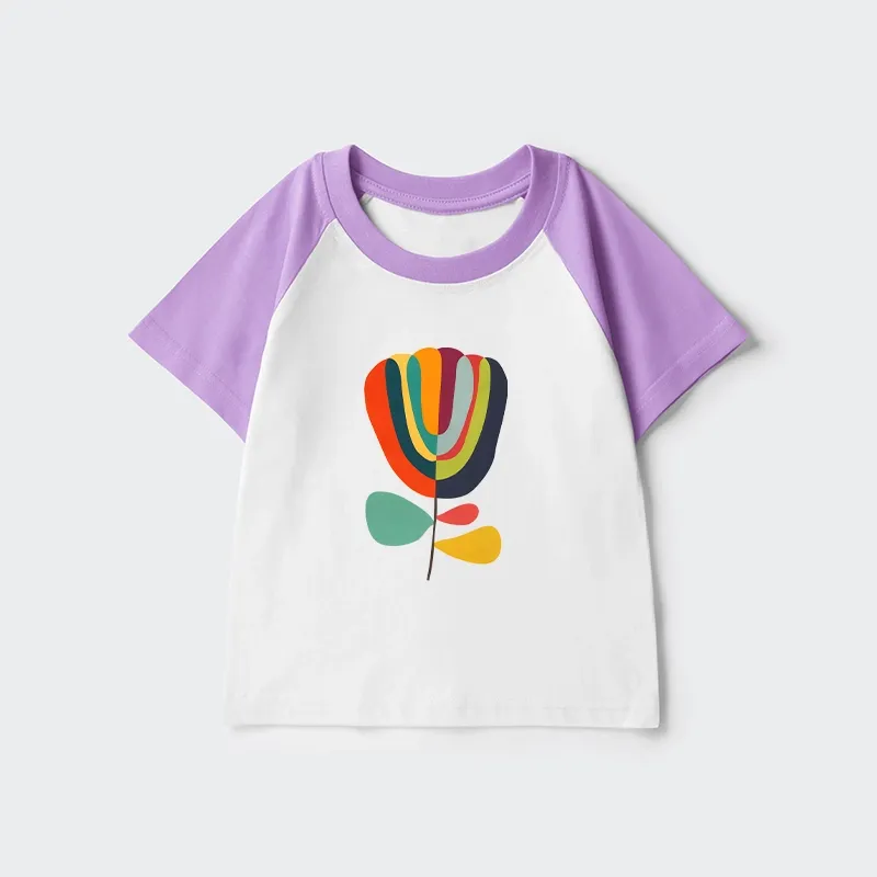 Tokyo-Tiger Colorful Flower Minimalist Print Kids Raglan T-shirt