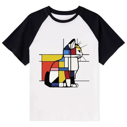 Tokyo-Tiger Geometric Cat Art In Primary Colors Raglan T-shirt