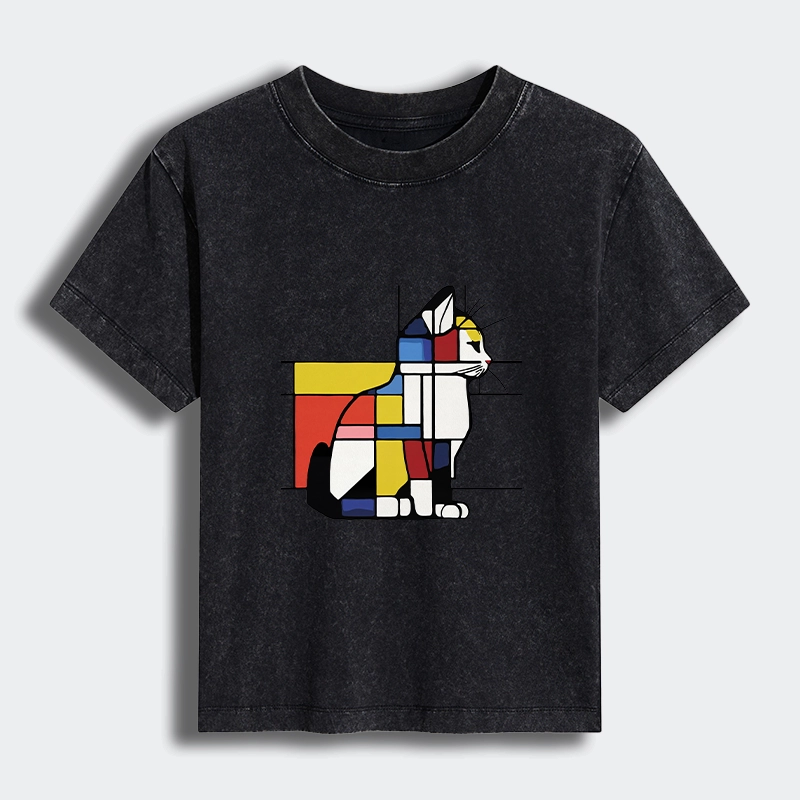 Tokyo-Tiger Geometric Cat Art In Primary Colors Women's Washed T-shirt