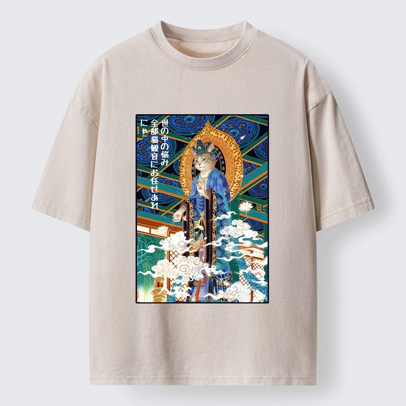 Tokyo-Tiger Peaceful Cat Buddha Asian Graphic Washed T-Shirt