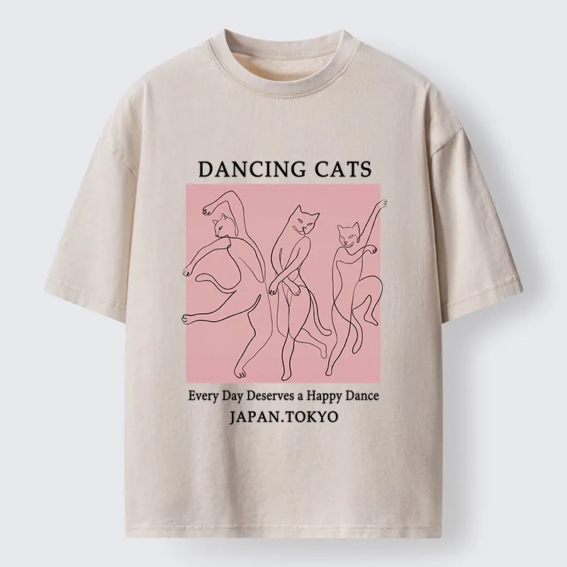 Tokyo-Tiger Happy Dance Cats Minimal Graphic Washed T-Shirt