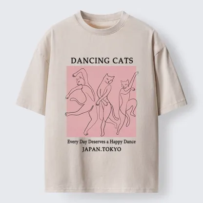 Tokyo-Tiger Happy Dance Cats Minimal Graphic Washed T-Shirt