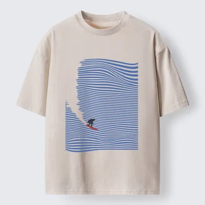 Tokyo-Tiger Ocean Line Surf Graphic Print Washed T-Shirt