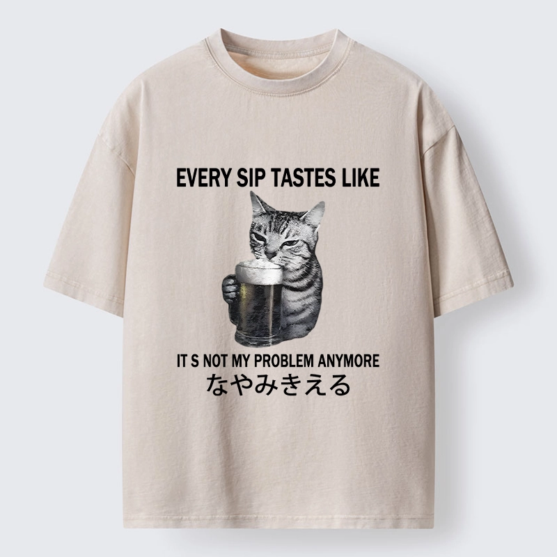Tokyo-Tiger Chill Beer Cat Relax Graphic Washed T-Shirt