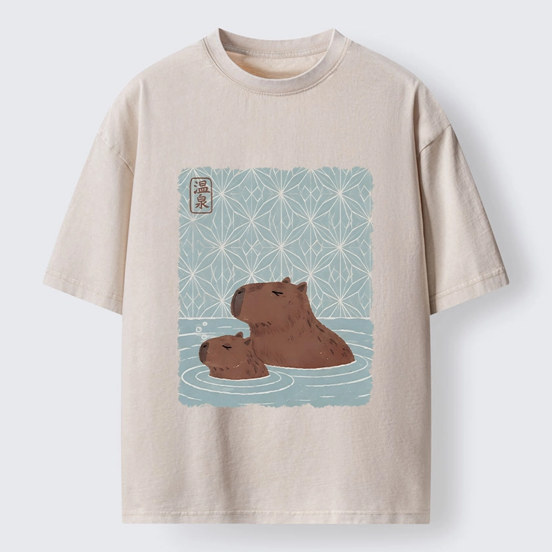 Tokyo-Tiger Onsen Capybara Calming Art Washed T-Shirt