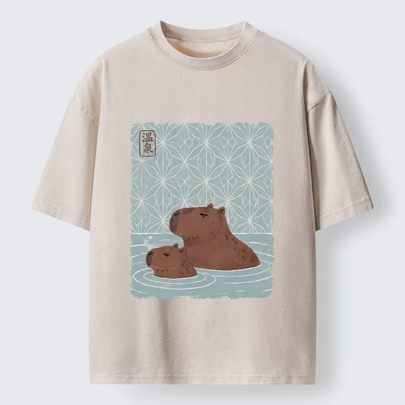 Tokyo-Tiger Onsen Capybara Calming Art Washed T-Shirt
