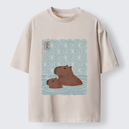Tokyo-Tiger Onsen Capybara Calming Art Washed T-Shirt