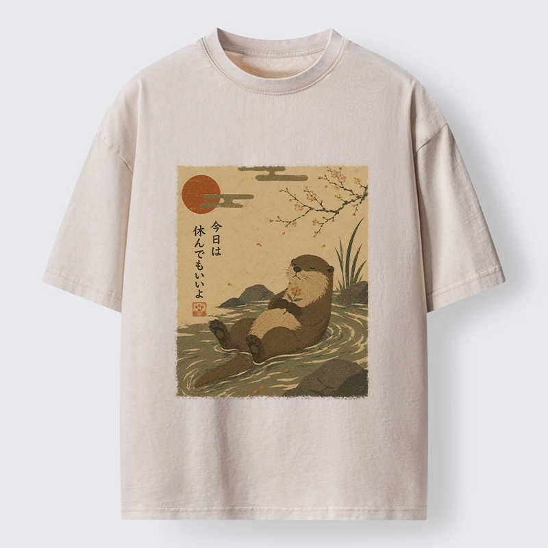 Tokyo-Tiger Floating Otter Relax Japanese Art Washed T-Shirt