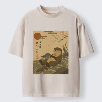 Tokyo-Tiger Floating Otter Relax Japanese Art Washed T-Shirt