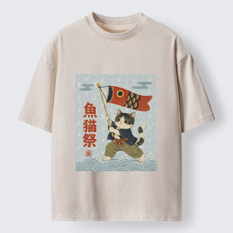 Tokyo-Tiger Koinobori Festival Cat Japanese Print Washed T-Shirt