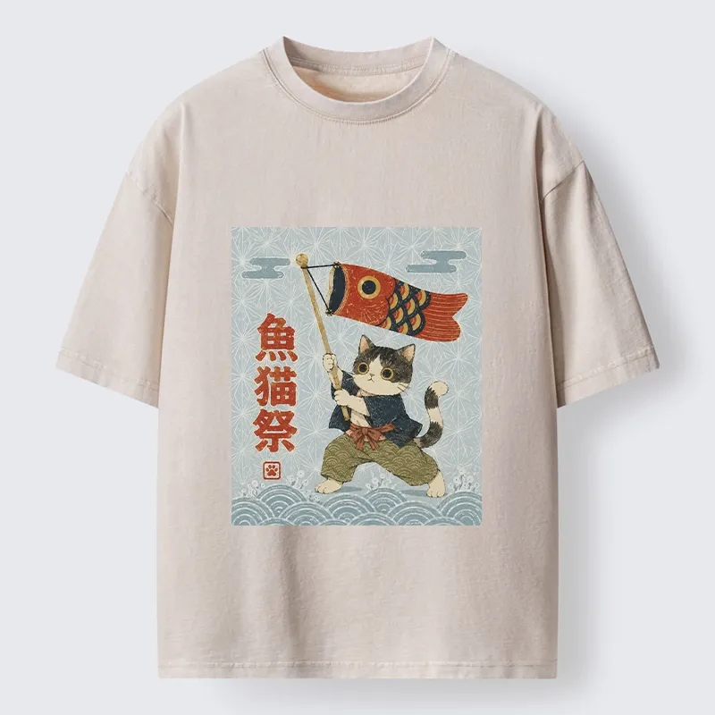 Tokyo-Tiger Koinobori Festival Cat Japanese Print Washed T-Shirt