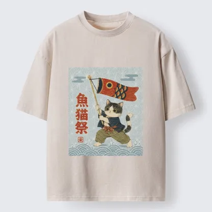 Tokyo-Tiger Koinobori Festival Cat Japanese Print Washed T-Shirt