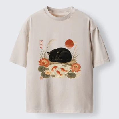 Tokyo-Tiger Peace Lotus Black Cat Koi Art Washed T-Shirt