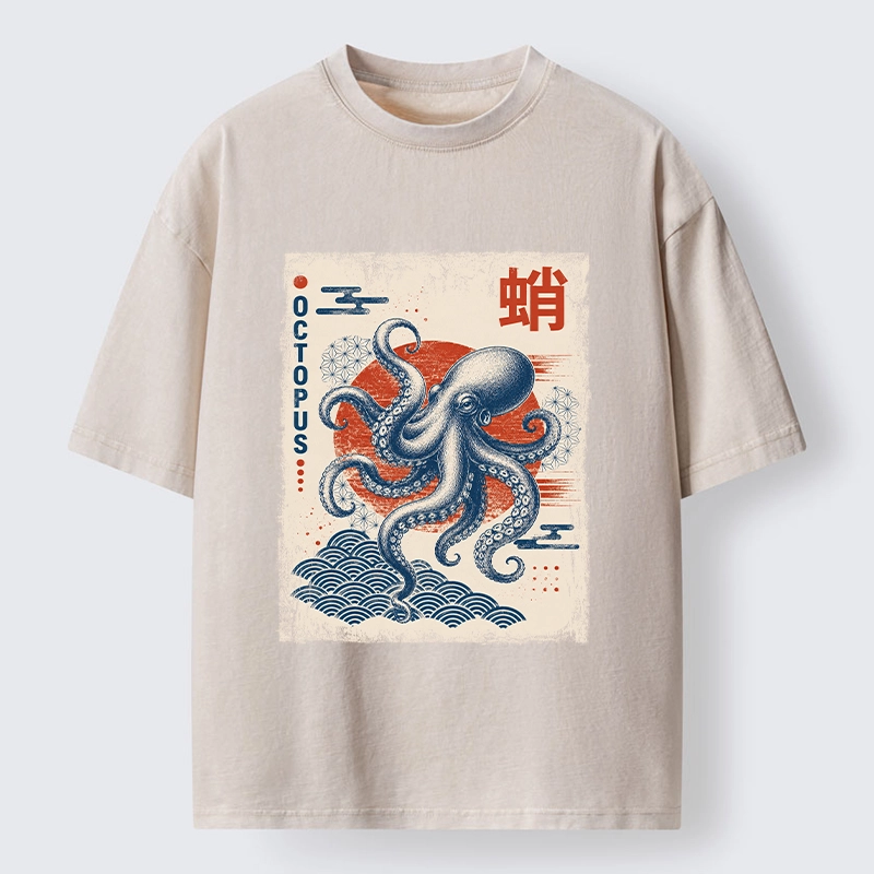 Tokyo-Tiger Vintage Japanese Octopus Wave Art Washed T-Shirt