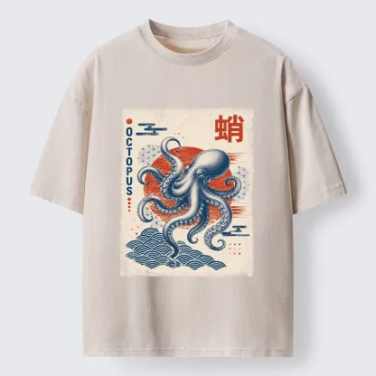 Tokyo-Tiger Vintage Japanese Octopus Wave Art Washed T-Shirt