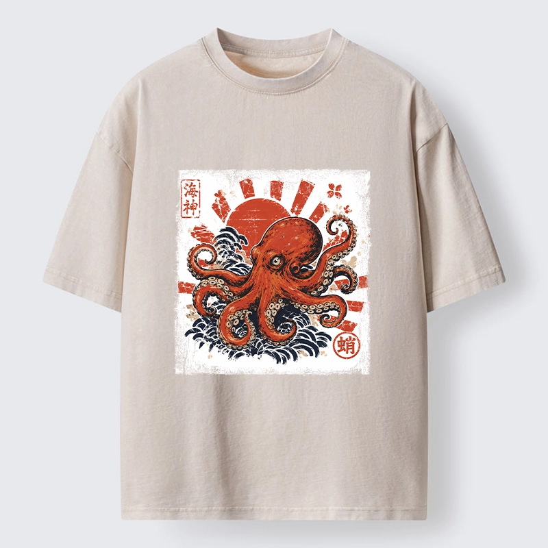 Tokyo-Tiger Bold Red Ocean Octopus Graphic Washed T-Shirt