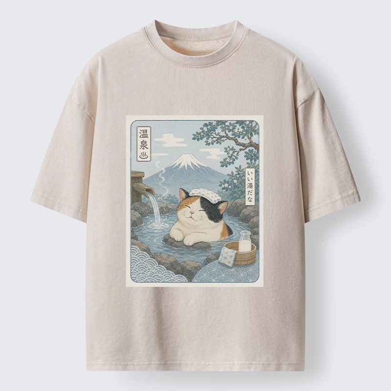 Tokyo-Tiger Mount Fuji Onsen Cat Calming Art Washed T-Shirt