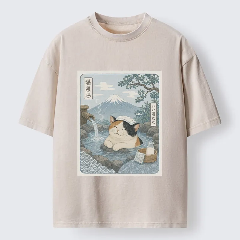 Tokyo-Tiger Mount Fuji Onsen Cat Calming Art Washed T-Shirt