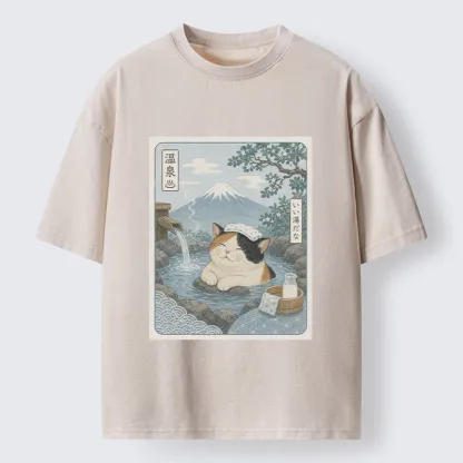 Tokyo-Tiger Mount Fuji Onsen Cat Calming Art Washed T-Shirt