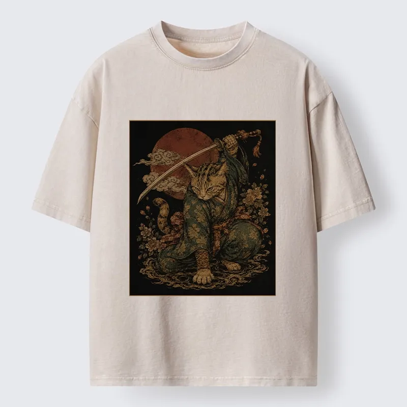 Tokyo-Tiger Samurai Cat Sword Floral Japanese Art Washed T-Shirt