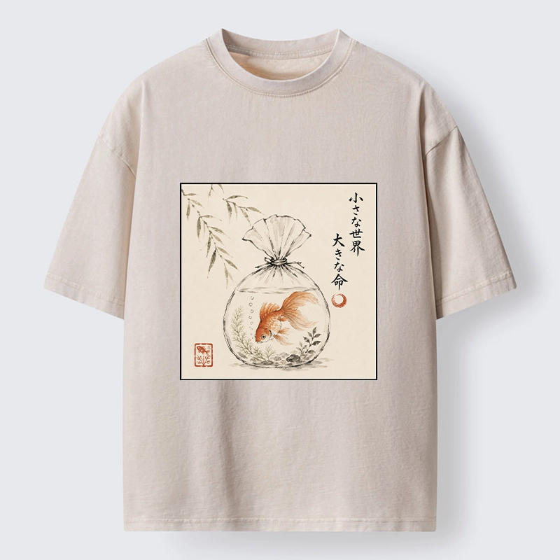 Tokyo-Tiger Goldfish Bag Minimal Ink Art Washed T-Shirt