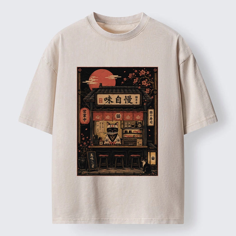 Tokyo-Tiger Cat Sushi Shop Retro Street Art Washed T-Shirt