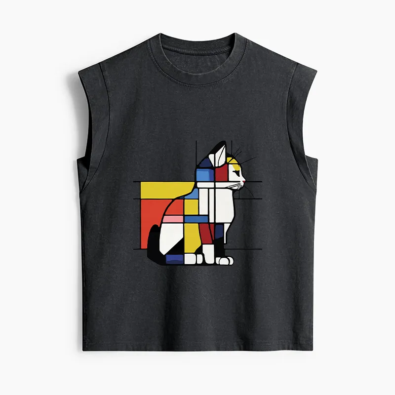 Tokyo-Tiger Geometric Cat Art In Primary Colors Women's Washed Tank Tops