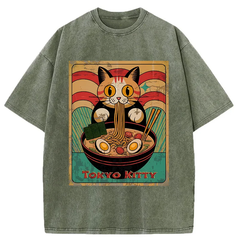 Tokyo-Tiger Retro Cat Eating Ramen Japan Washed T-Shirt