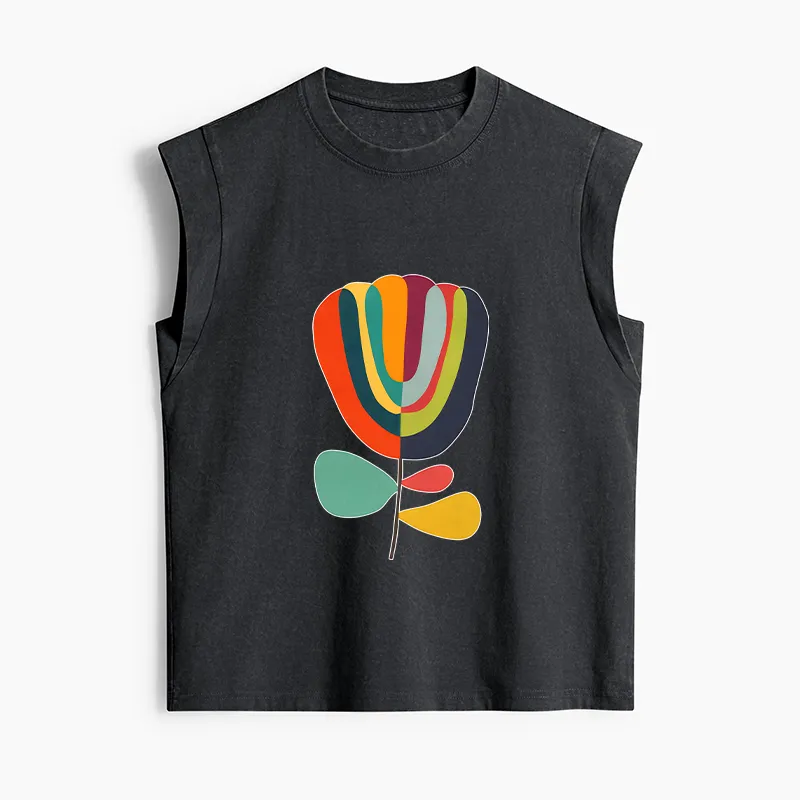 Tokyo-Tiger Colorful Flower Minimalist Print Women's Washed Tank Tops