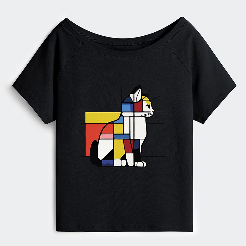 Tokyo-Tiger Geometric Cat Art In Primary Colors Off Shoulder T-Shirt