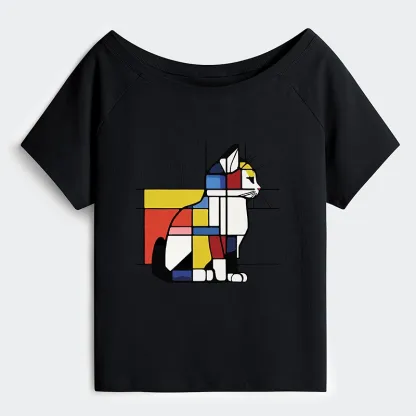 Tokyo-Tiger Geometric Cat Art In Primary Colors Off Shoulder T-Shirt