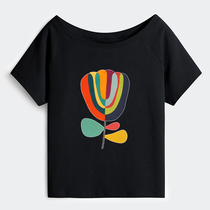 Tokyo-Tiger Colorful Flower Minimalist Print Off Shoulder T-Shirt
