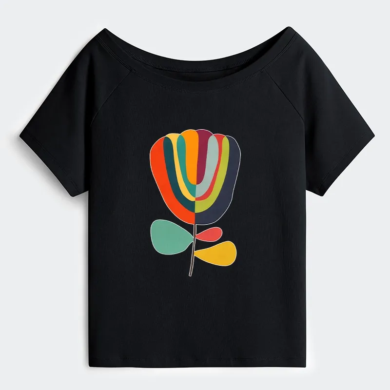 Tokyo-Tiger Colorful Flower Minimalist Print Off Shoulder T-Shirt