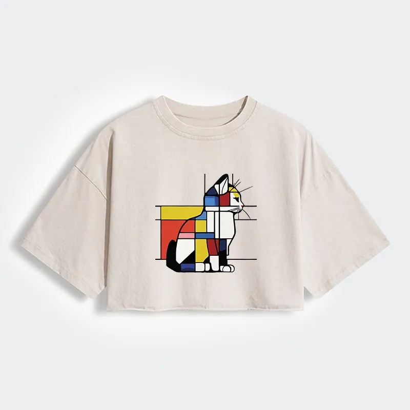 Tokyo-Tiger Geometric Cat Art In Primary Colors Women's Washed Crop T-Shirt Sale