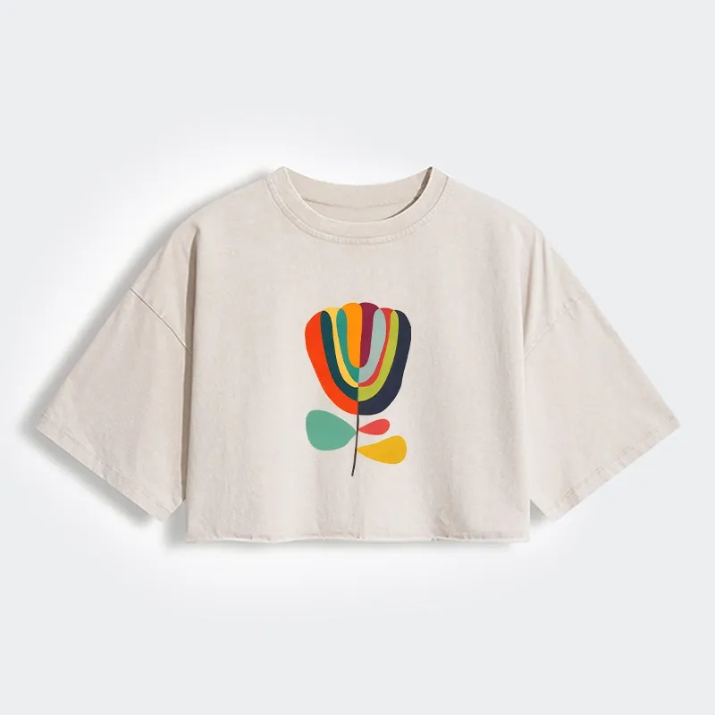 Tokyo-Tiger Colorful Flower Minimalist Print Women's Washed Crop T-Shirt Sale