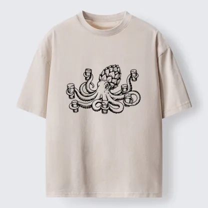 Tokyo-Tiger Sea Creature Loves Cold Brew Drinks Washed T-Shirt